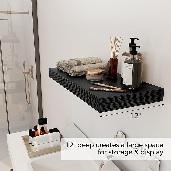 12 Inch Deep Black Floating Shelves, 24 x 12 Floating Shelf for Books, Rustic Wood Deep Wall Shelves for Home Storage & Display, 2
