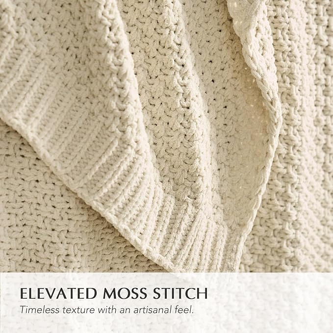 Chunky Chenille Knit Throw Blanket for Couch, Soft Luxurious Moss Stitch Blankets for Bed, Cozy Decorative Farmhouse Knitted Throws for Sofa, Beige, 60