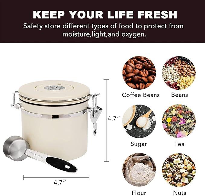 ShanSon Coffee Canister Airtight Coffee Container Stainless Steel Coffee Bean Storage Container with Scoop Coffee Canister for Beans Grounds Sugar Flour Tea Cereal,11OZ, Beige