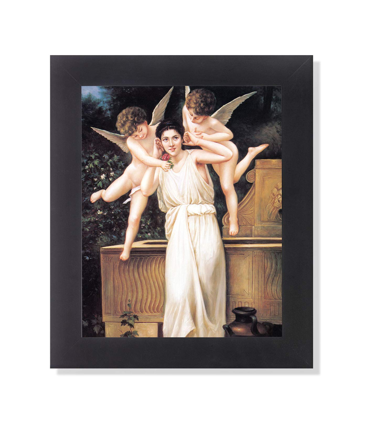 Religious Wall Art - Woman and Cherubs Framed Art Print with Black Wood Frame