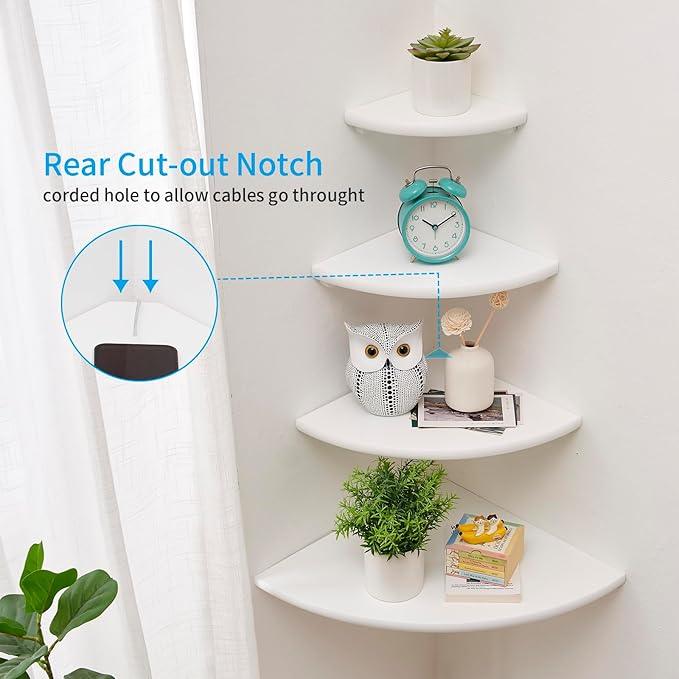 Corner Shelf, White Solid Oak Wood Floating Corner Shelves Wall Mount Round End Floating Speaker Rack Display Shelf for Small Plant Photo Frame (White, 13.8in)