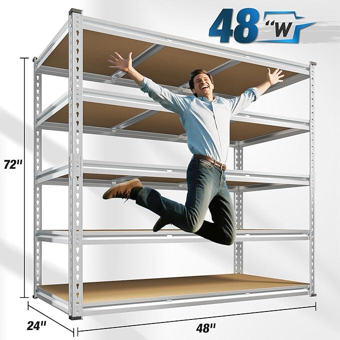 REIBII Garage Shelving, 5 Tier Storage Shelves Load 3020LBS, Adjustable Garage Shelving Heavy Duty, Metal Shelves Unit for Basement, Warehouse, 48