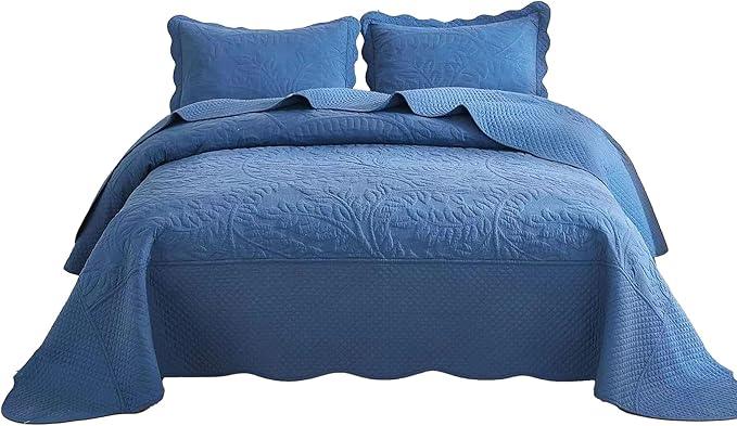 MarCielo 3-Piece 100% Cotton Oversized Bedspread Lightweight Quilt Coverlet Embroidery Farmhouse Bedding Set T0 (Midtone Blue, Oversized King (118