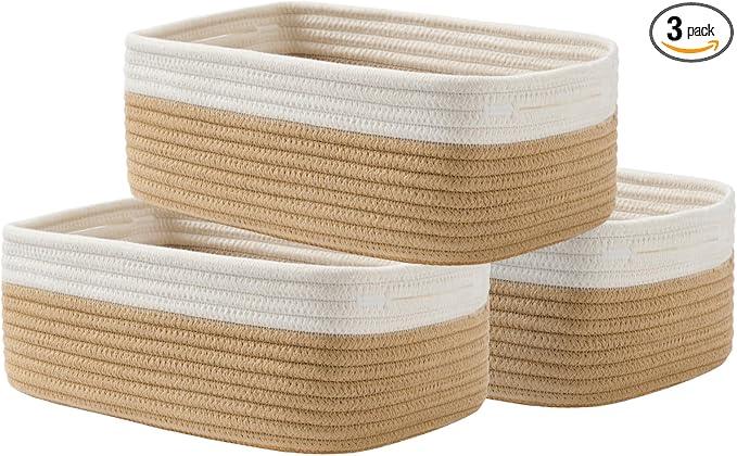 KALLAX Small Woven Basket, 12 x 8 x 4.5 Inches, Storage Basket for Organizing, Cute Small Rope Shelf Closet Cube Storage Bins Baskets for Shelves, Dog Toy Gift Baskets Empty, 3 Pack White & Brown
