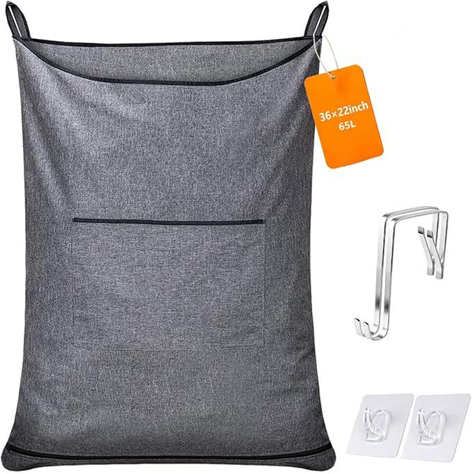 Hanging Laundry Hamper,Door Hanging Hamper with Width Opening, Over the Door Laundry bag with hooks, Laundry Collector and Over Door Storage Bag (36x22 Inch,Pop Grey)
