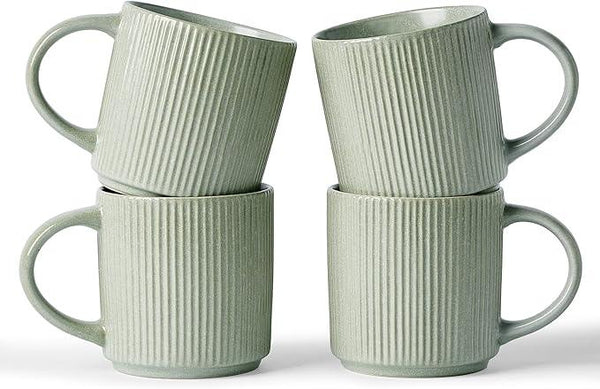 famiware Coffee Mug Set for 4, Star 12 oz Catering Mugs Cup Set with Handle for Coffee, Tea, Cocoa, Milk - Ceramic Stoneware Drinkware Set, Matte Green