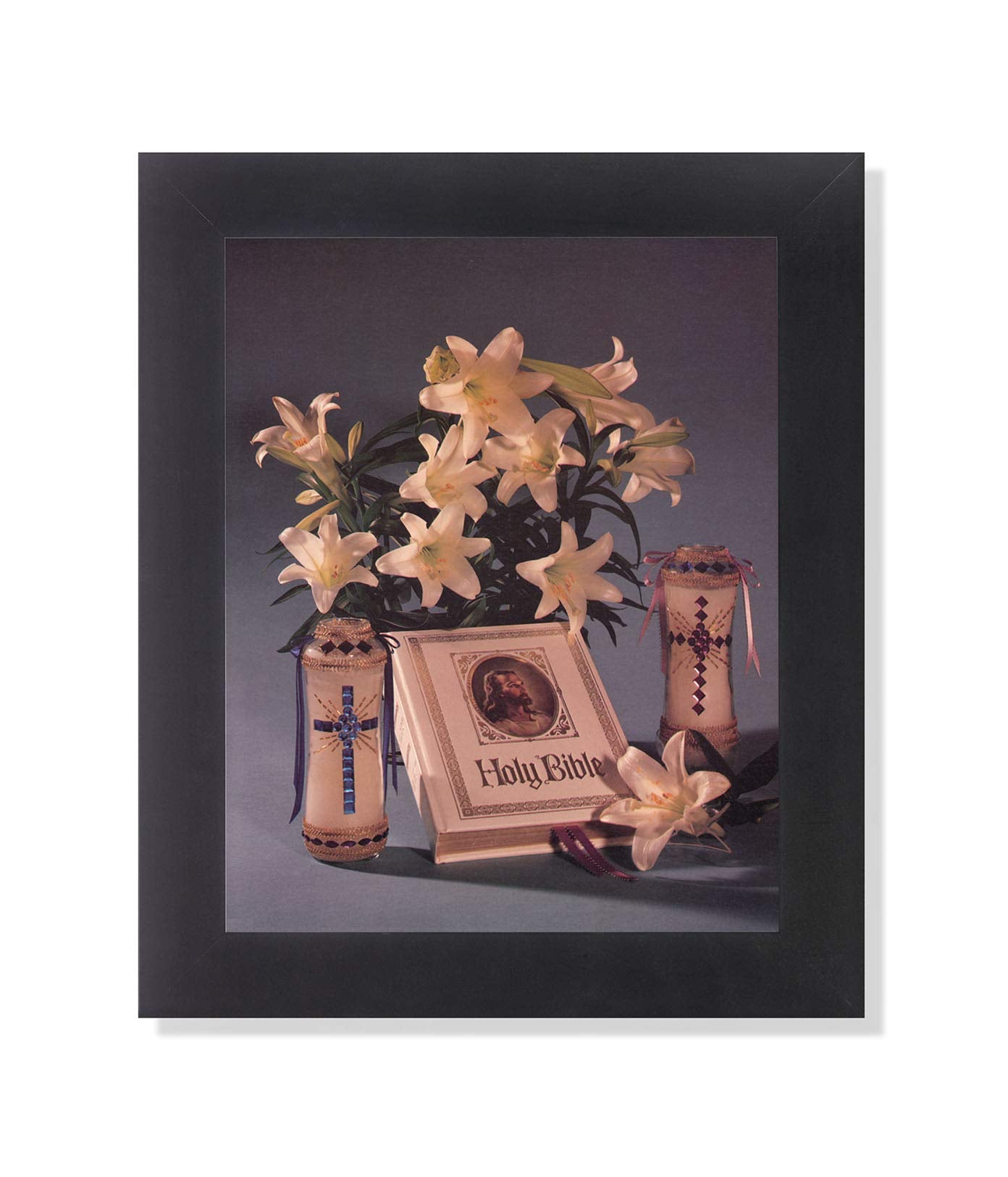 Religious Wall Art – Bible Flower Artwork with Candles | Framed Art Print