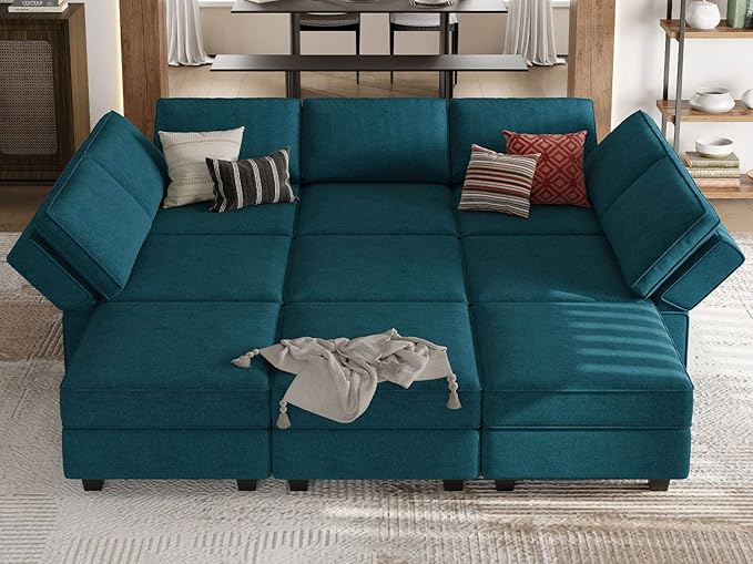 Belffin Modular Sectional Sleeper Sofa Couch with Storage Ottoman Convertible Sectional Couches for Living Room Terry Reversible Chaise. Peacock Blue Sofa