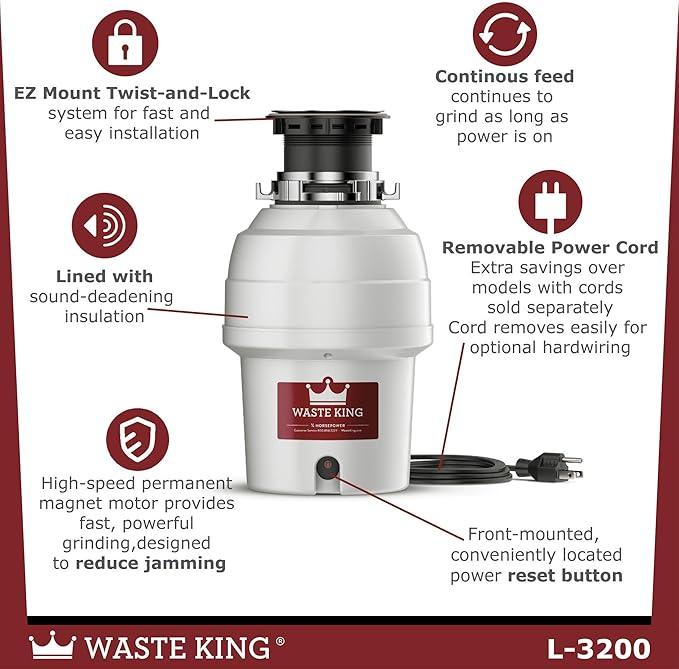 Waste King Garbage Disposal for Kitchen Sink with Power Cord, Food Waste Disposer, L-3200