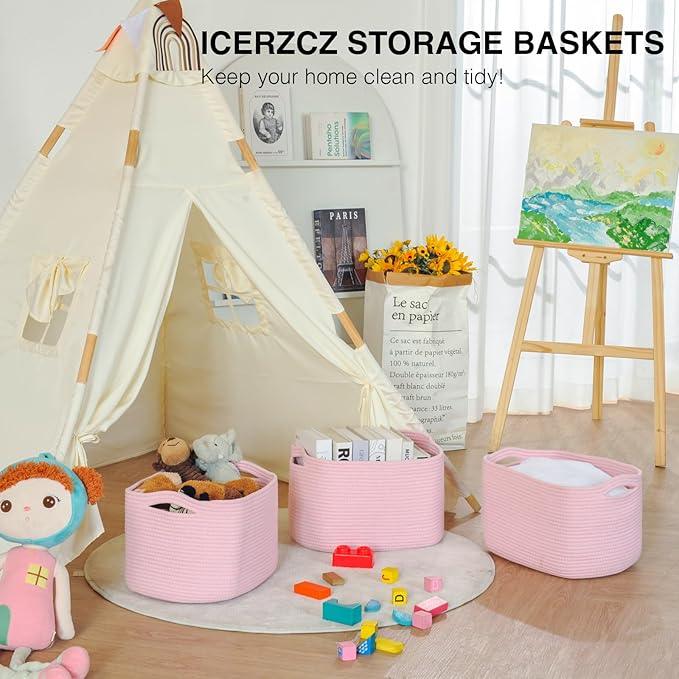 Storage Baskets for Organizing Shelves, Pink Basket for Nursery, Woven Cotton Rope Baskets for Storage, Towel Basket for Bathroom, 15