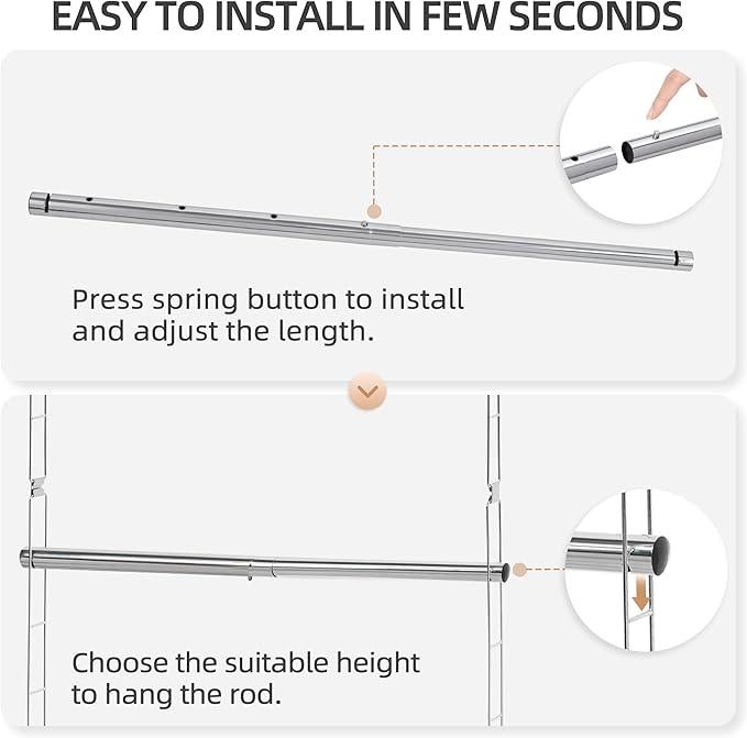 STORAGE MANIAC Hanging Closet Rod, Adjustable Width and Height Closet Hanging Organizer, Space-Saving Clothes Hanging Bar, Closet Extender Hanging Rod Double Closet Hanging Rod, 2 Pack Chrome