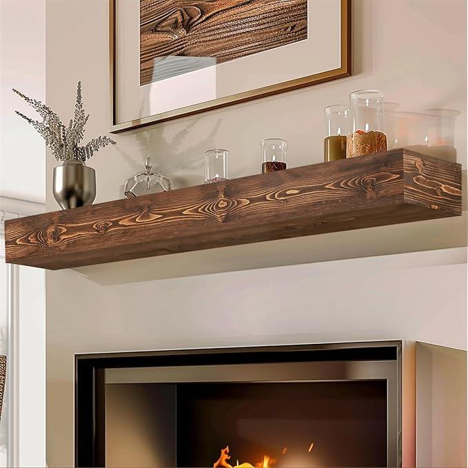 60x8x5 Fireplace Mantel - Handcrafted Hollow Rustic Solid Wood Wall Mounted Floating Shelf with Invisible Heavy Duty Wood Bracket (Weathered Brown)