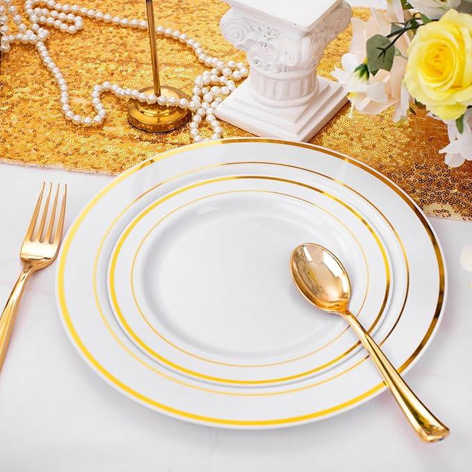 FLOWERCAT 60PCS Gold Plastic Plates - Heavy Duty White and Gold Plastic Plates Disposable for New Year/Thanksgiving Party/Wedding - Include 30PCS 10.25