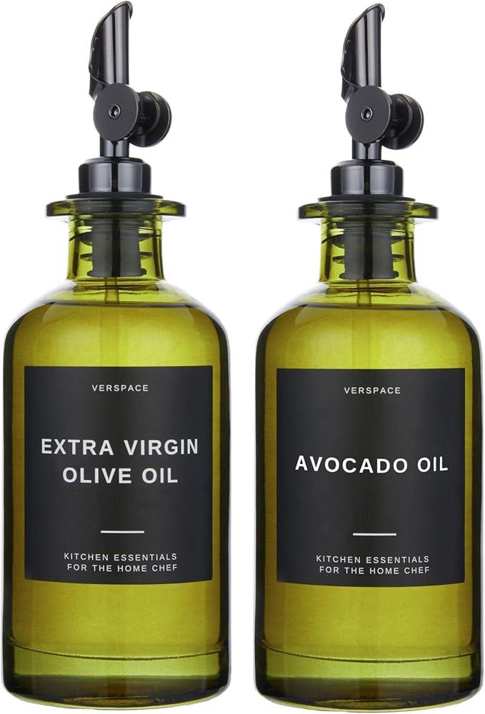 Green Glass Olive Oil Dispenser Bottle For Kitchen By Verpsace,Avocado Oil Dispenser Set, Modern Decor, Gold Kitchen Accessories for Home, Airbnb, Cafe (Black, Set of 2)