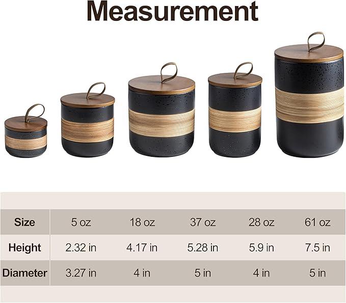 Large Storage Containers with Lids, Ceramic Coffee Container Kitchen Food Storage Jars for Spice Sugar Tea Bag, Stackable Decorative Jars for Counter, Black & 61oz