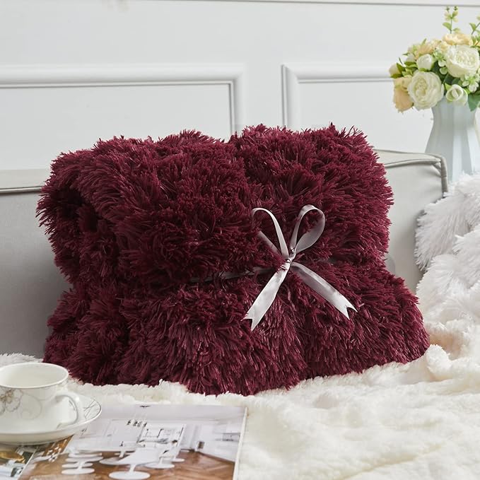 GONAAP Fuzzy Faux Fur Throw Blanket Twin Size Wine Red Super Soft Cozy Plush Fuzzy Shaggy Blanket for Couch Sofa Bed (Wine Red, Twin(60