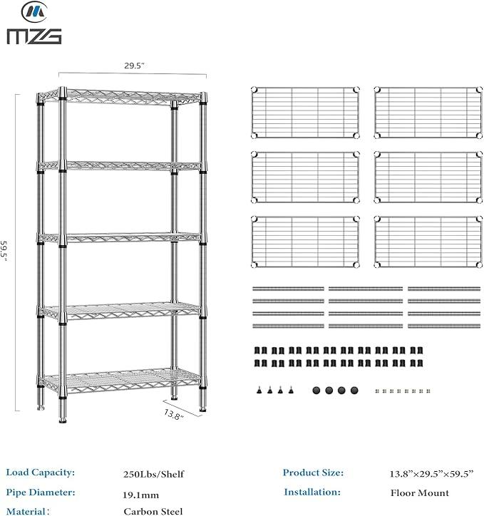 1250 lbs 5 Tier Shelf Metal Storage Shelves Shelving Wire Rack Heavy Duty Closet Organizers for Garage Kitchen Bathroom Laundry Chrome 13.8