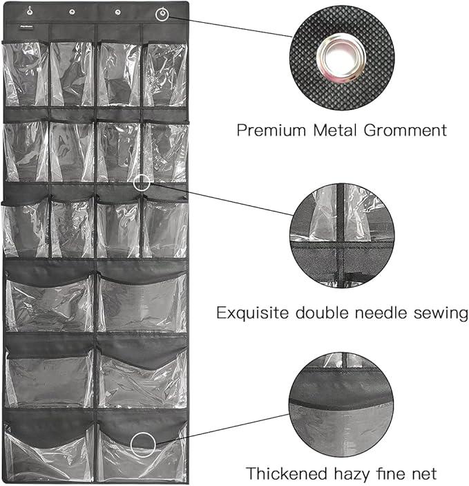 Extra Large Hanging Over Door Shoe Organizer, Closet Shoe Rack - 12+6 Crystal Pockets, 4 Hooks, Black (59