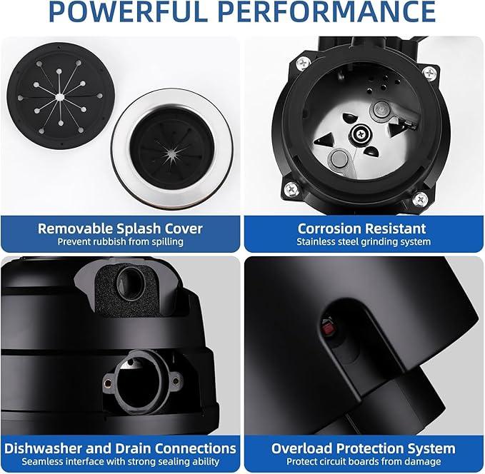 Powerful 1HP Stainless Steel Garbage Disposer, Dishwasher-Friendly and Continuous Feeding Waste Disposer, Grinding Material Four-Stage Grinding, Black