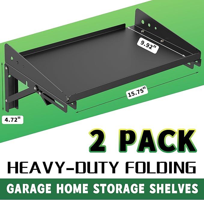 ULIBERMAGNET Garage Folding Storage Rack Shelves,100LB Metal Wall Mounted Adjustable Rail Shelf for Garage,Power Tools,Toolbox,Storage Shelves with Lip for Workshop Kitchen Office (2 Pack)