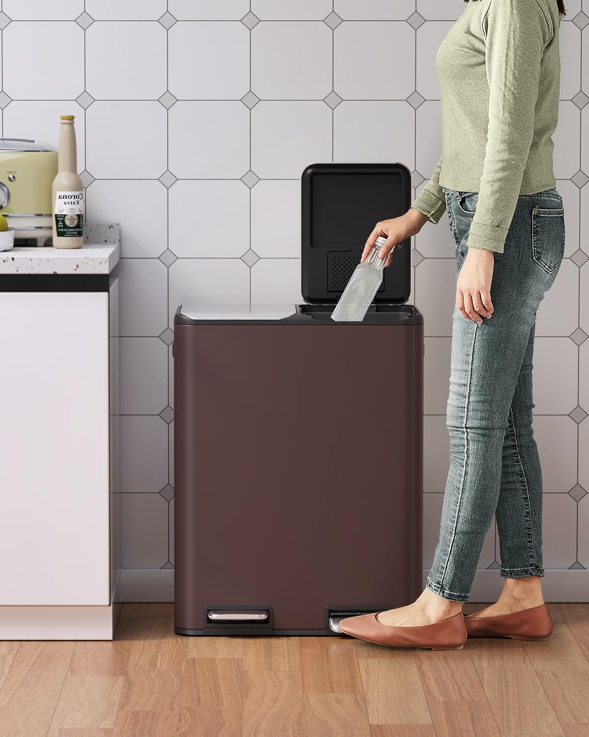 Arlopu 16Gal Dual Trash Can w/2 Built-in Box for Odor Control, Hands-Free Kitchen Garbage Bin, Recycle Waste Dustbin, Soft-Close Lid, 2 Buckets,Foot Pedal, Side Handle, Airtight,for Home Office