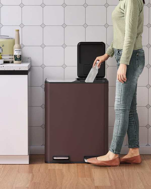 Arlopu 16Gal Dual Trash Can w/2 Built-in Box for Odor Control, Hands-Free Kitchen Garbage Bin, Recycle Waste Dustbin, Soft-Close Lid, 2 Buckets,Foot Pedal, Side Handle, Airtight,for Home Office