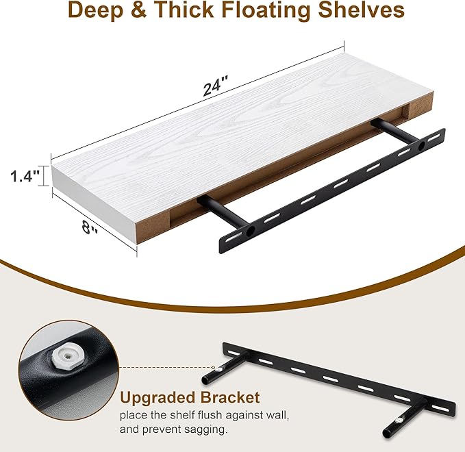 Fun Memories White Floating Shelves, 8 Inch Deep Wall Shelves Set of 2, Rustic Deep Shelves for Wall Storage, 24 x 8 Floating Shelves, 8