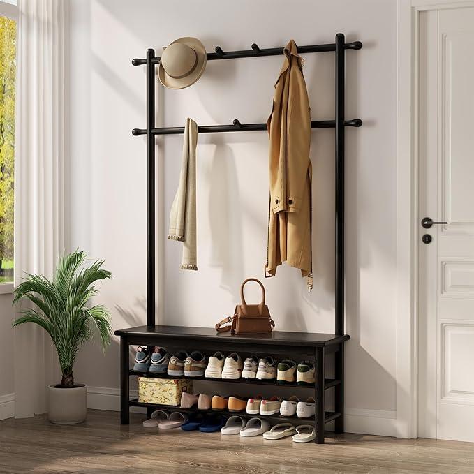 Coat Rack with Shoe Storage, Wooden Hall Tree with Bench, 11 Hooks and 2-Tier Storage Shelves, 3-in-1, Entryway Bench with Coat Rack (39.3