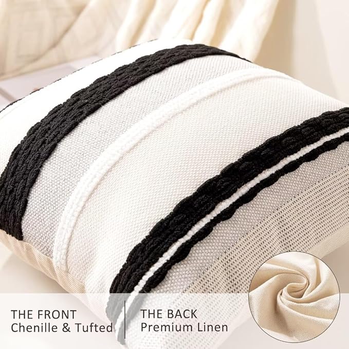 Boho Throw Pillow Covers 18x18 Set of 2 Farmhouse Decorative Cushion Case Striped Square Pillows Cover Chenille Pillow Cases Accent Neutral Pillowcase for Sofa Couch Bed,Black and White