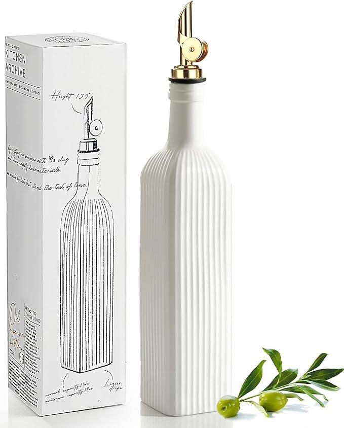 getstar 18 oz Olive Oil Dispenser Bottle for Kitchen, Ceramic Oil Bottle with Automatic Stainless Steel Pourer (Golden Pourer)