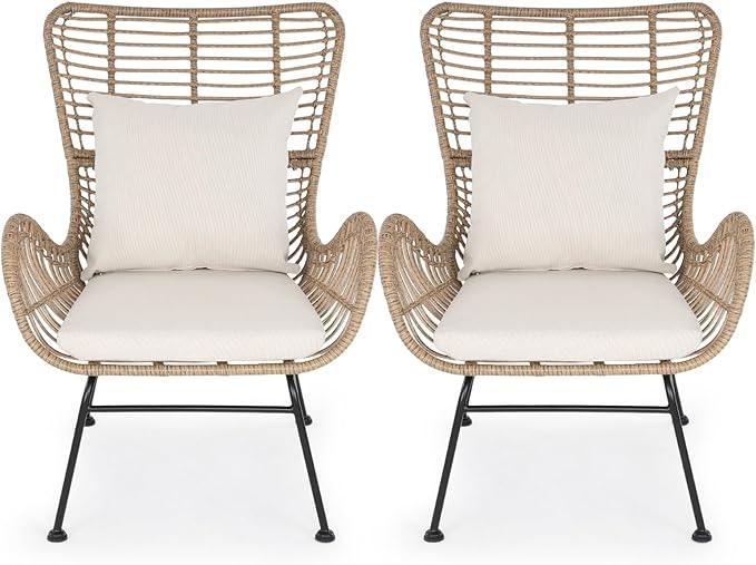 IDZO Isabelle Upgraded 2000 Hours UV Wicker Chairs Outdoor Set of 2, 500 lbs Capacity Outdoor Patio Chair, All-Weather Club Chair with Water-Resistant Olefin Cushions, Boho Style, Beige