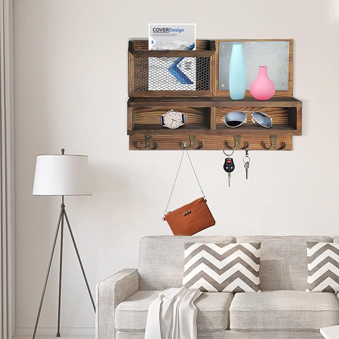 Key Holder for Wall, Mail Organizer Wall Mount with Key Hooks and Wallet Holder, Sunglasses Storage and Dog Leash Hanger, Decorative with 4 Double Hooks and Chalkboard