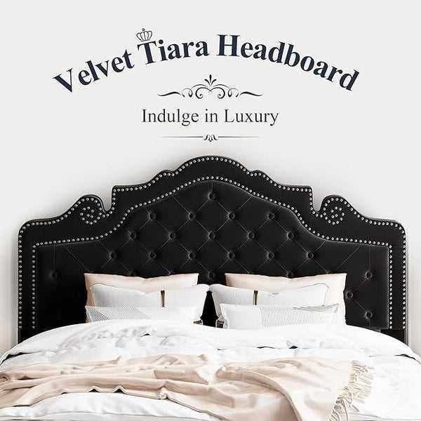 Allewie Full Size Bed Frame with Adjustable Velvet Tiara Headboard, Upholstered Diamond Button Tufted Platform Bed, Wood Slats Support, No Box Spring Needed, Black