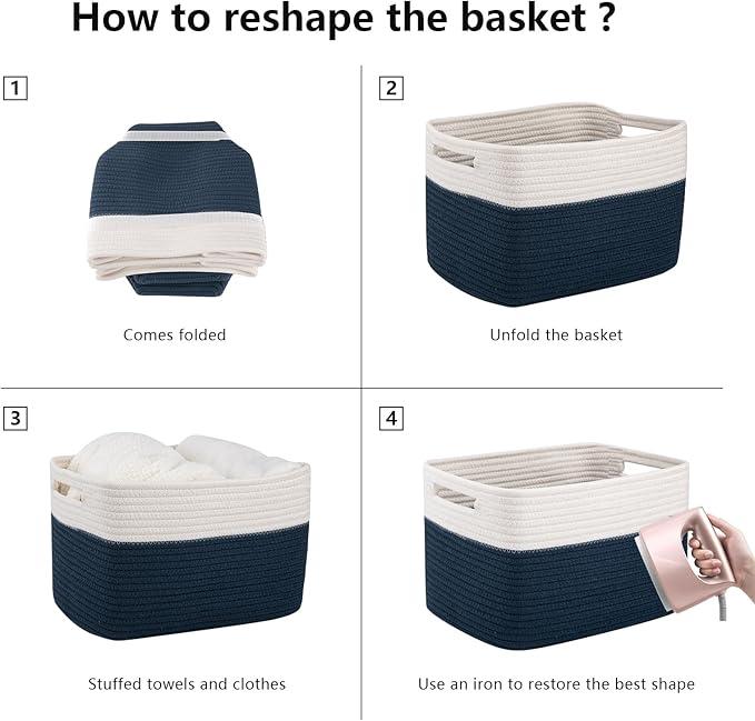 OIAHOMY 4 Pack Storage Baskets for Organizing, Basket for Shelves with Handle, Woven Baskets for Storage Toys, Towels, Books, Cotton Rope Basket 13