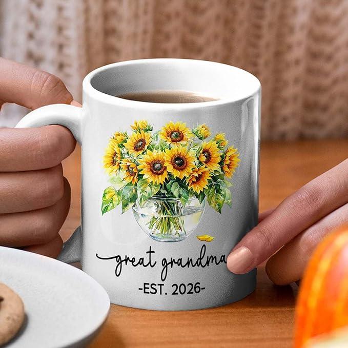 Customized Nickname & Year White Ceramic Mug Gift For First Time Great Grandma, Promoted To Great Grandma Accent Coffee Cup 11Oz 15Oz, Personalized Baby Announcement Coffee Mug For Nanny Granny Mimi