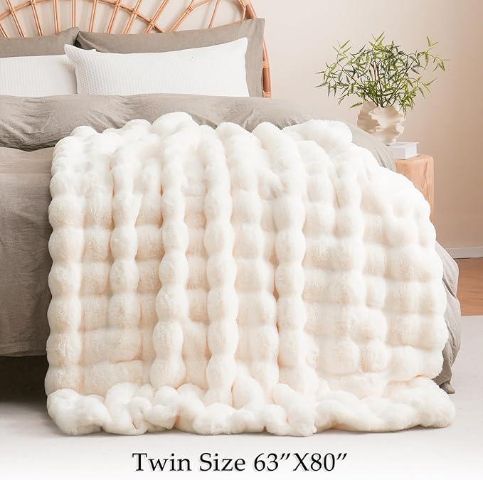 BENVWE Faux Fur Throw Blanket for Couch Bed - Fluffy Soft Thick Bubble Blanket for Living Room Home Decor - Mothers Day Birthday Gifts for Women, Cream White, 63