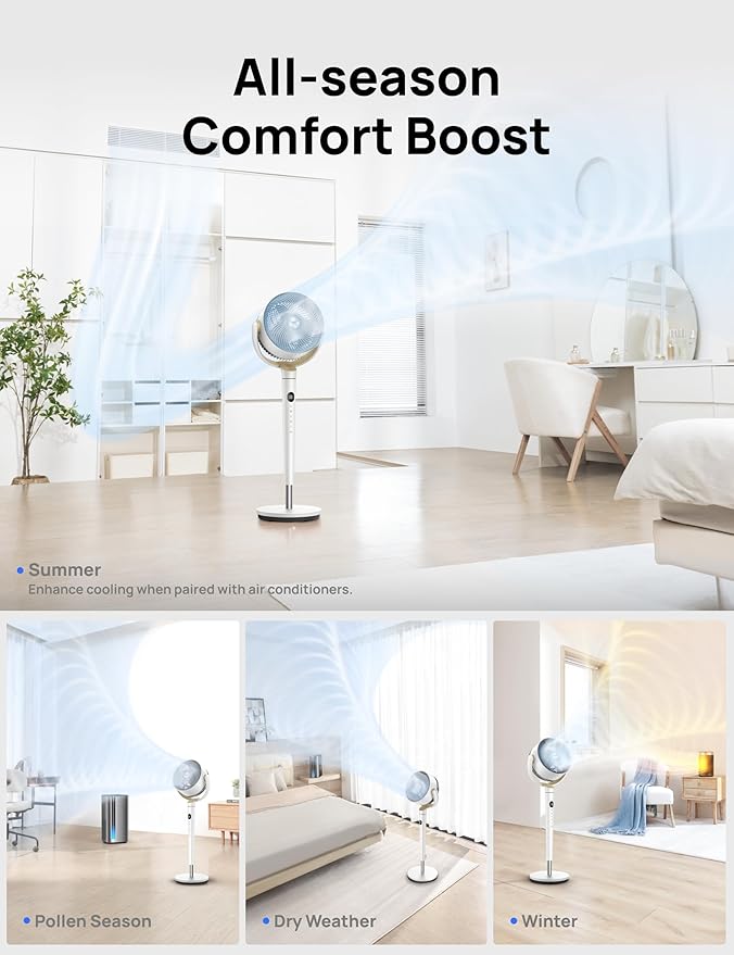 Dreo Fan for Bedroom, 120° Oscillating Standing Fan, Quiet Pedestal Fan with DC Motor, 9 Speeds, 4 modes, 20dB, 120° Manual Vertical, 37-42