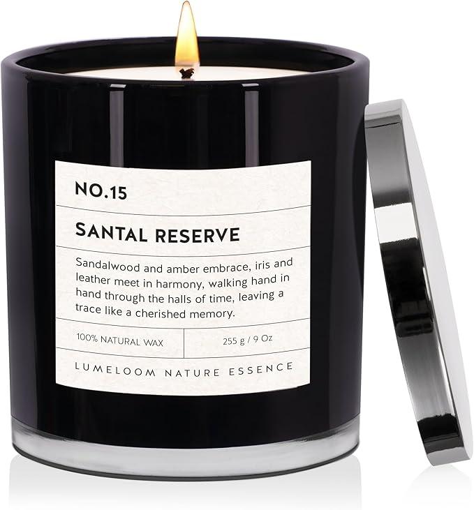 Santal Reserve Luxury Scented Candles, 9oz Soy Wax Candles for Home Scented, Sandalwood, Amber, Iris & Leather Scent, Long Burning Time, Gifts for Women, Men, Sister, Teacher