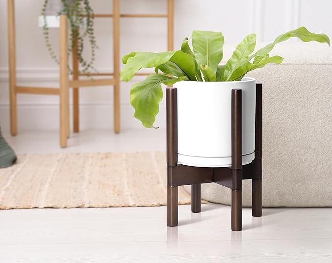 D'vine Dev Ceramic Planter with Walnut Color Stand - 8 Inch Modern Round Flower Pot with Wood Planter Holder, White, 55-B-Y-1