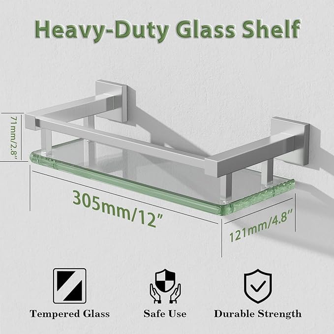 Alise Glass Shelves for Bathroom Wall, Tempered Glass Bathroom Shelf Wall Mounted, Modern Space Saving Floating Shelves 12 inch, Brushed Nickel