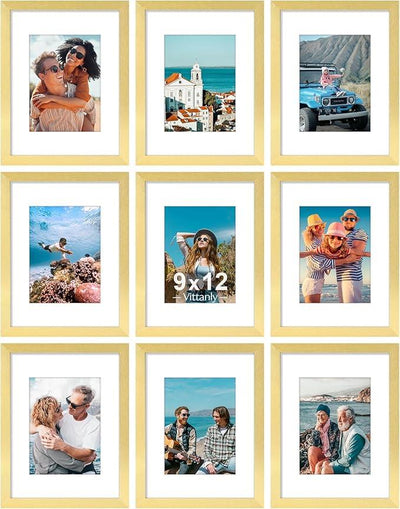 Vittanly 9x12 Picture Frames Set of 9, Shatter Resistant Plexiglass, Display 6x8 Pictures with Mat or 9x12 without Mat, Photo Frames for Wall or Tabletop, Engineered Wood, Gold