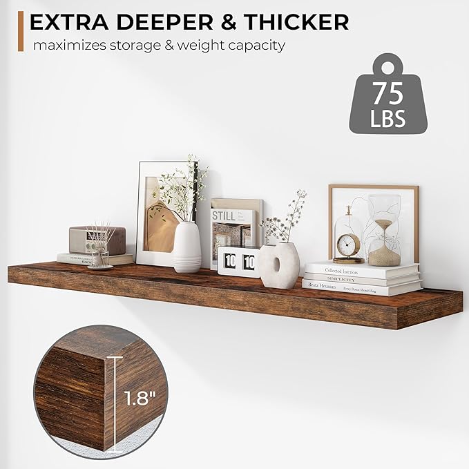 Fun Memories Floating Shelves - 12 Inch Rustic Wooden Wall Shelves - Extra Deeper & Thicker Wall Mounted Storage Shelf for Living Room, Kitchen, Farmhouse - 48