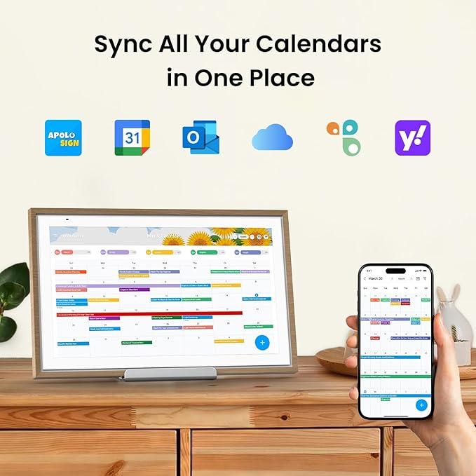 ApoloSign 15.6-inch Digital Calendar: Dual Mode Calendar with Google Play & Multi-calendar Sync, Electronic Planner & Chore Chart, Smart Touchscreen, Interactive Display for Family Schedules (Teak, 15.6