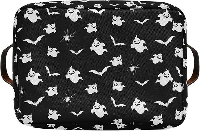 Storage Basket Bin Halloween Ghost and Bat Organizer Basket Collapsible Shelf Basket Cube with handle for Nursery Bedroom Bathroom (white 26)