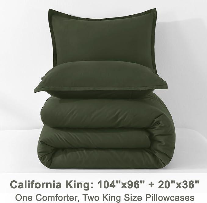 Litanika Dark Olive Green California King Comforter Set - 3 Pieces Cal King Lightweight Summer Soft Solid Bed Comforter, Oversized Fluffy Down Alternative Bedding Set (104x96In, 2 Pillowcases)