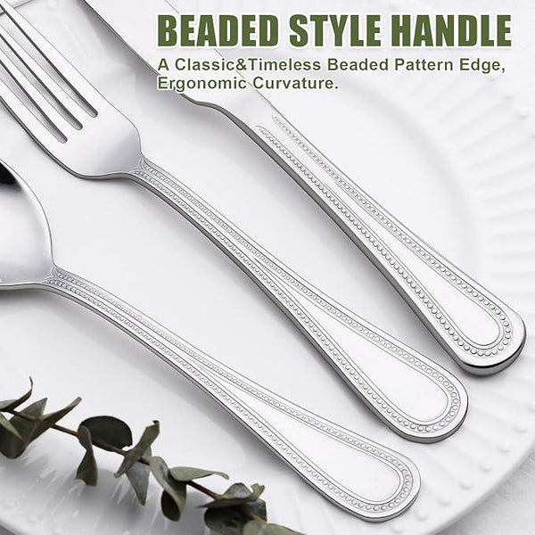 40 Piece Silverware Set for 8, Terlulu Stainless Steel Flatware Set, Mirror Polished Cutlery Set Utensil Set, Tableware Include Forks Spoons Knives for Home Restaurant, Beaded Handle, Dishwasher Safe