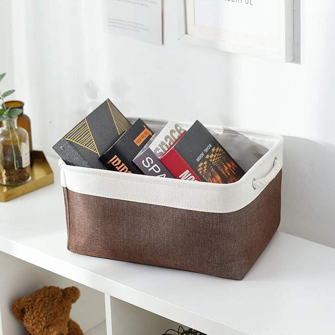Large Storage Baskets for Shelves, Fabric Baskets for Organizing, Collapsible Storage Bins for Closet, Nursery, Clothes, Home & Office [3-Pack, White&Brown]