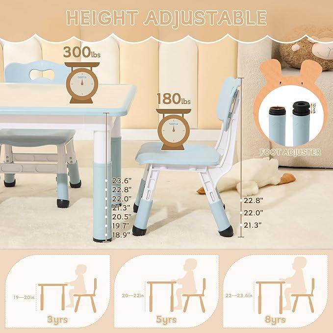 Height-Adjustable Kids Table and Chairs, 31.5''L x 23.6''W Toddler Table and 4 Chairs Set with Anti-Slip Foot Covers, Children Activity Table for Ages 2-10, Graffiti Desktop