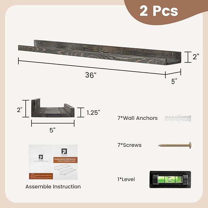 36 Inches Floating Shelves for Wall, Solid Pine Wood Picture Ledge Shelves, Wall Shelves with Lips, Nursery Book Shelves for Toys Storage Living Room Bedroom Photo Frames (2 Pcs, Grey)
