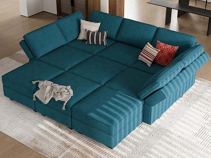 Belffin Modular Sectional Sleeper Sofa Couch with Storage Ottoman Convertible Sectional Couches for Living Room Terry Reversible Chaise. Peacock Blue Sofa